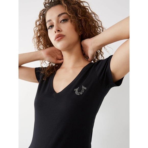 True Religion Women's Black Crystal Logo V-Neck Tee Shirt Short Sleeve Size S - Picture 1 of 12